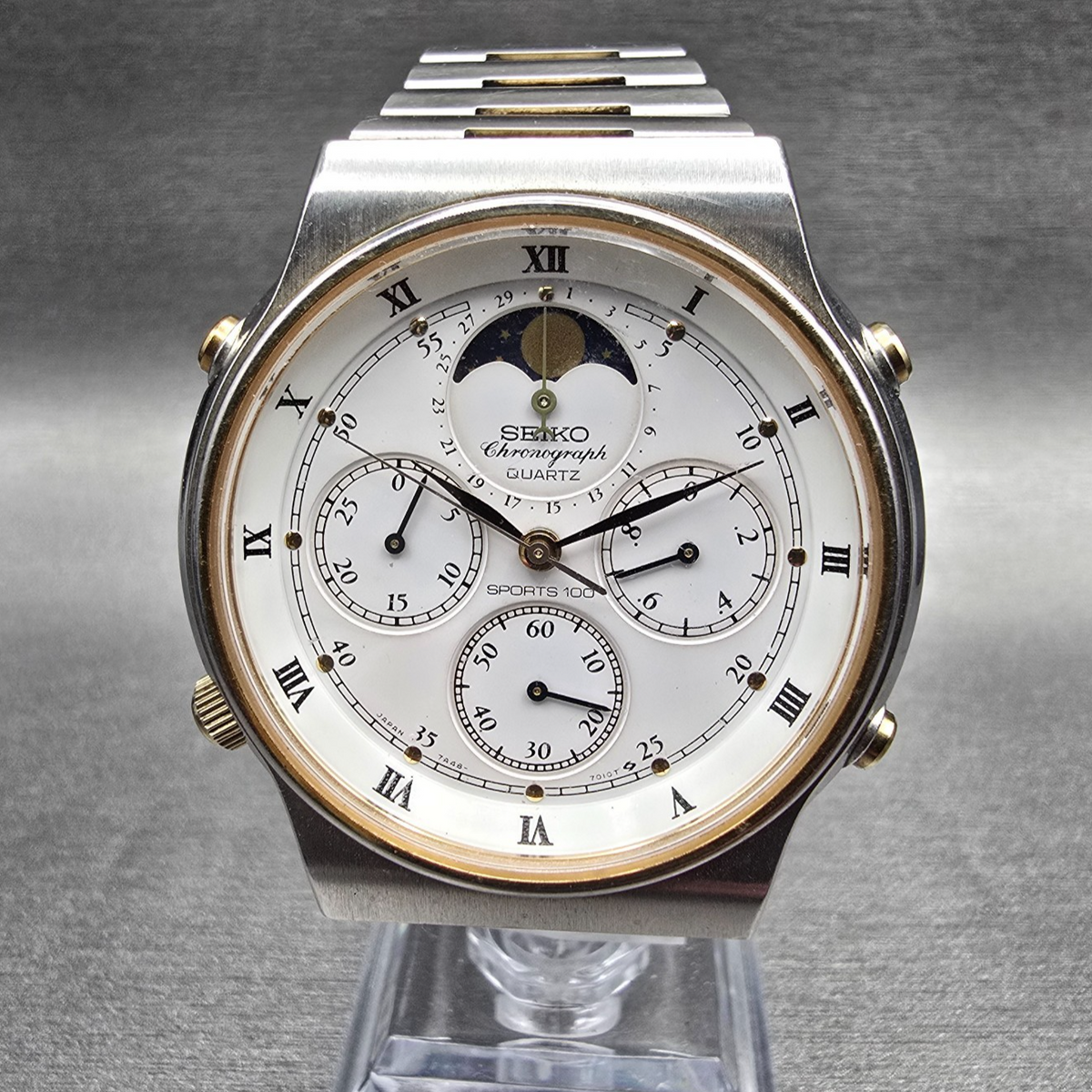 Seiko Sports 100 Watch Men 39mm White Dial Chrono Moon Phase 7A48-7009 New Batt0