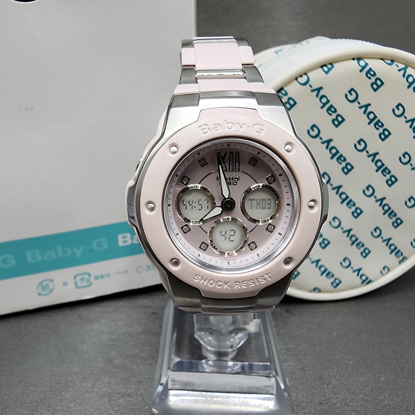 Casio BabyG MSG301 Watch Women 39mm Pink Dial Silver Tone Analog Digital Works0