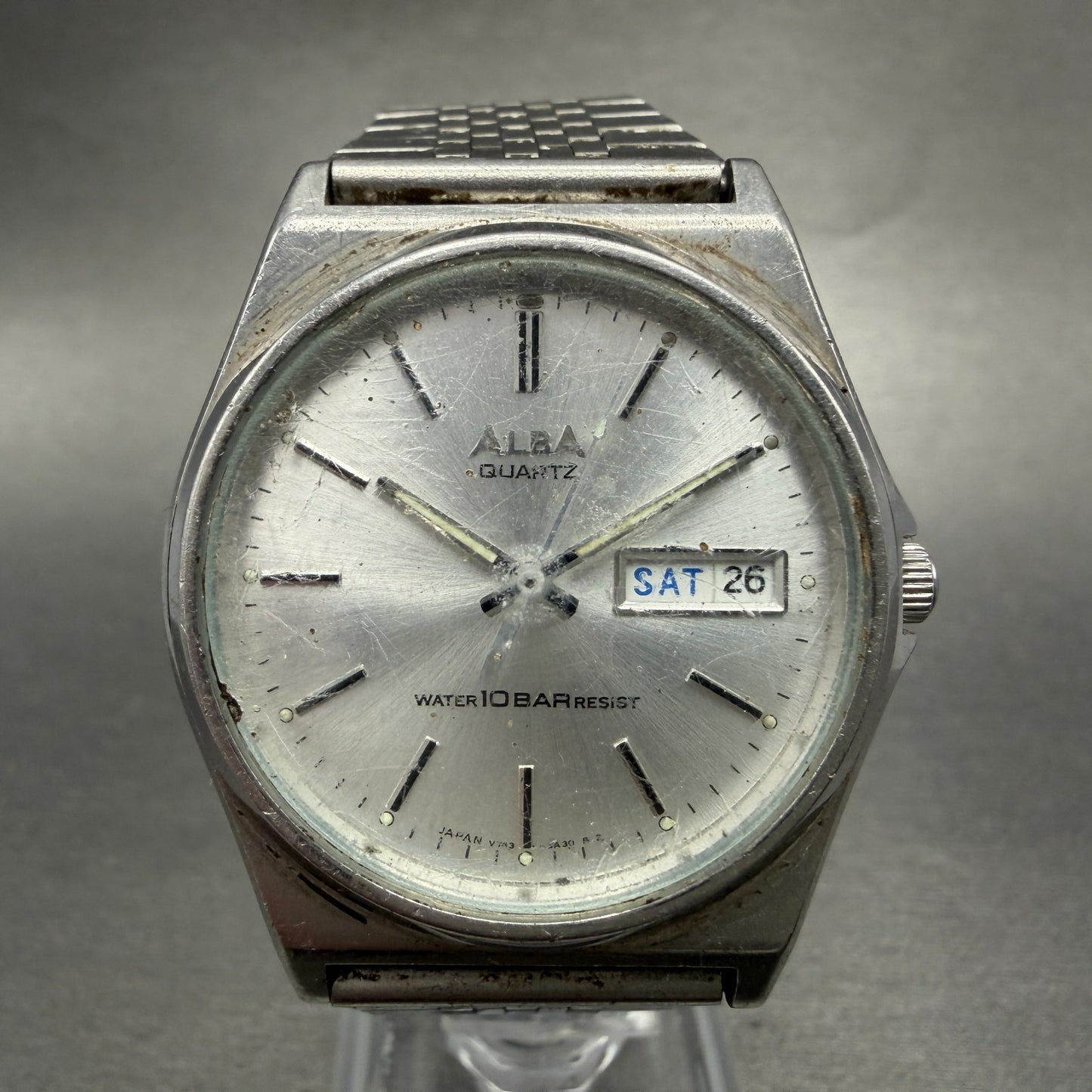 Seiko ALBA Watch Men 35mm Silver Dial Silver Tone Daydate V743-8A10 New Battery10