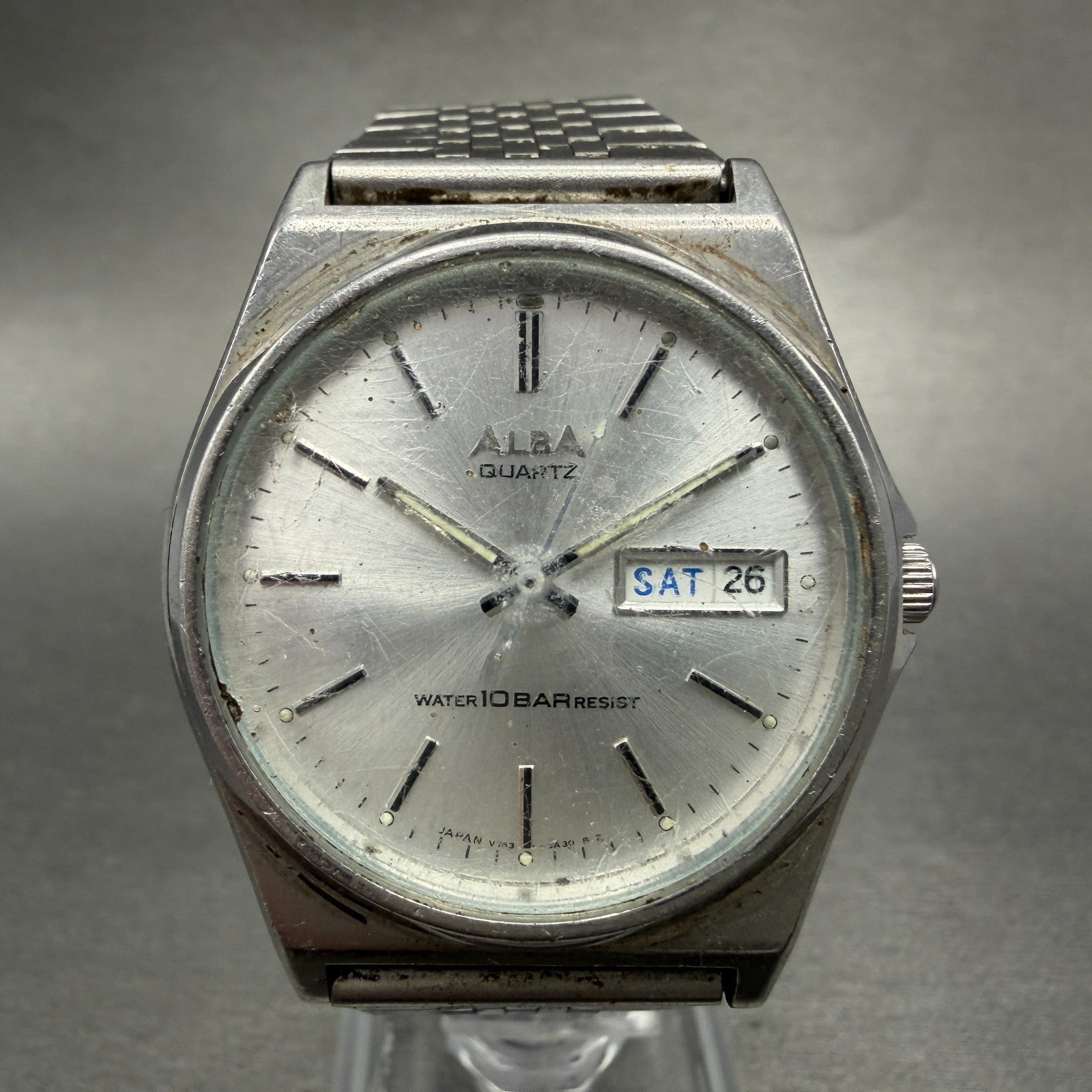 Seiko ALBA Watch Men 35mm Silver Dial Silver Tone Daydate V743-8A10 New Battery10