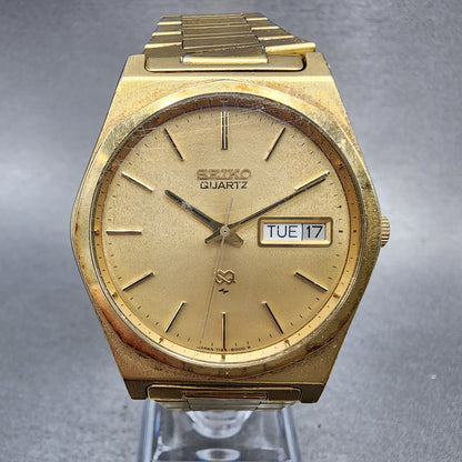 Seiko SQ Watch Men 36mm Gold Dial Gold Tone Daydate Round 7126-8009 New Battery