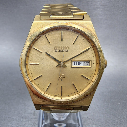 Seiko SQ Watch Men 36mm Gold Dial Gold Tone Daydate Round 7126-8009 New Battery