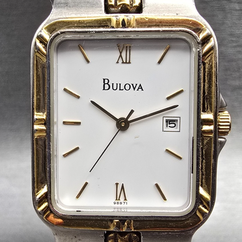 Bulova Watch Men 26mm White Dial Two Tone Date Rectangle 98B71 New Battery1