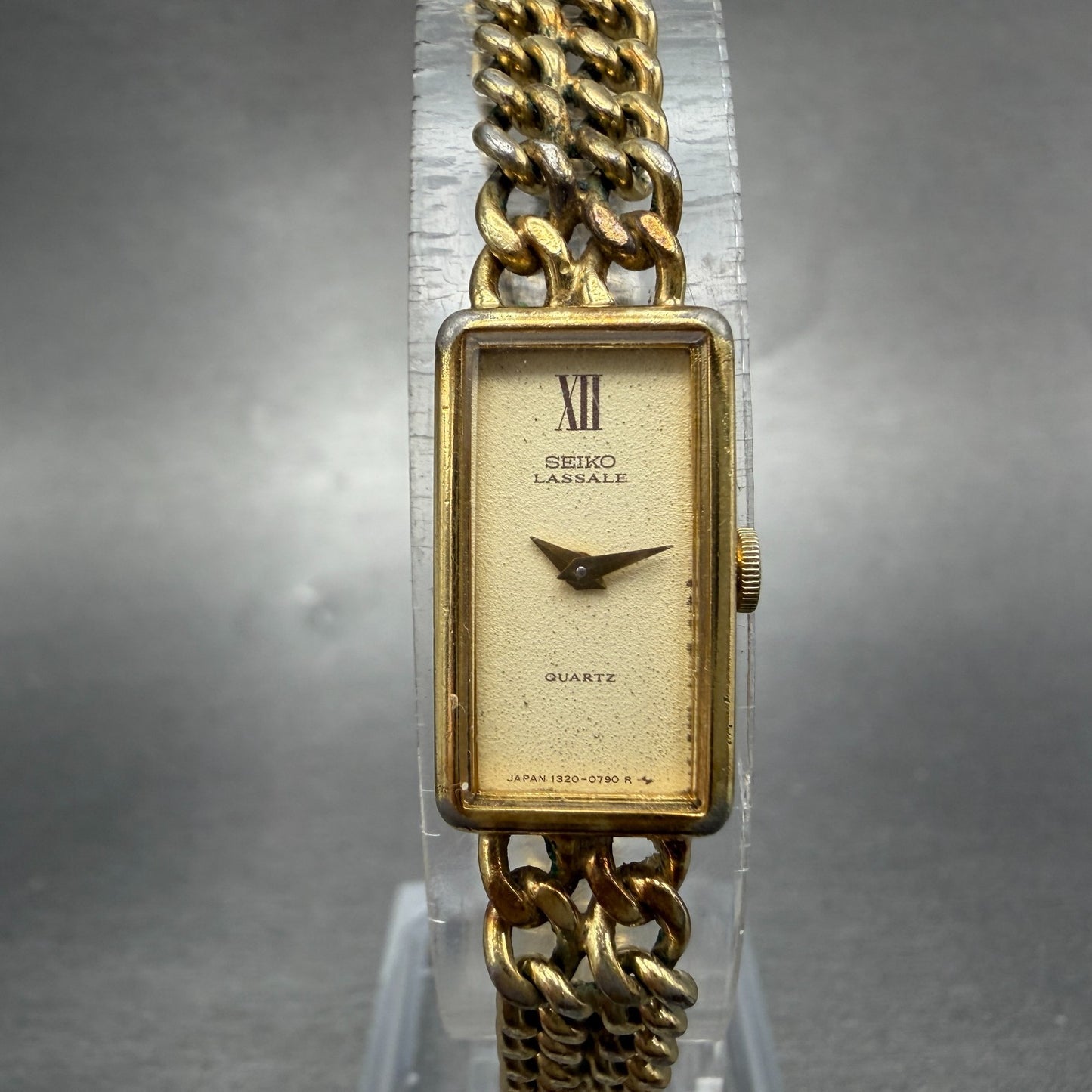 Seiko Lassale Tank Watch Women 12mm Champagne Dial Gold Tone 1320-5259 New Batt0