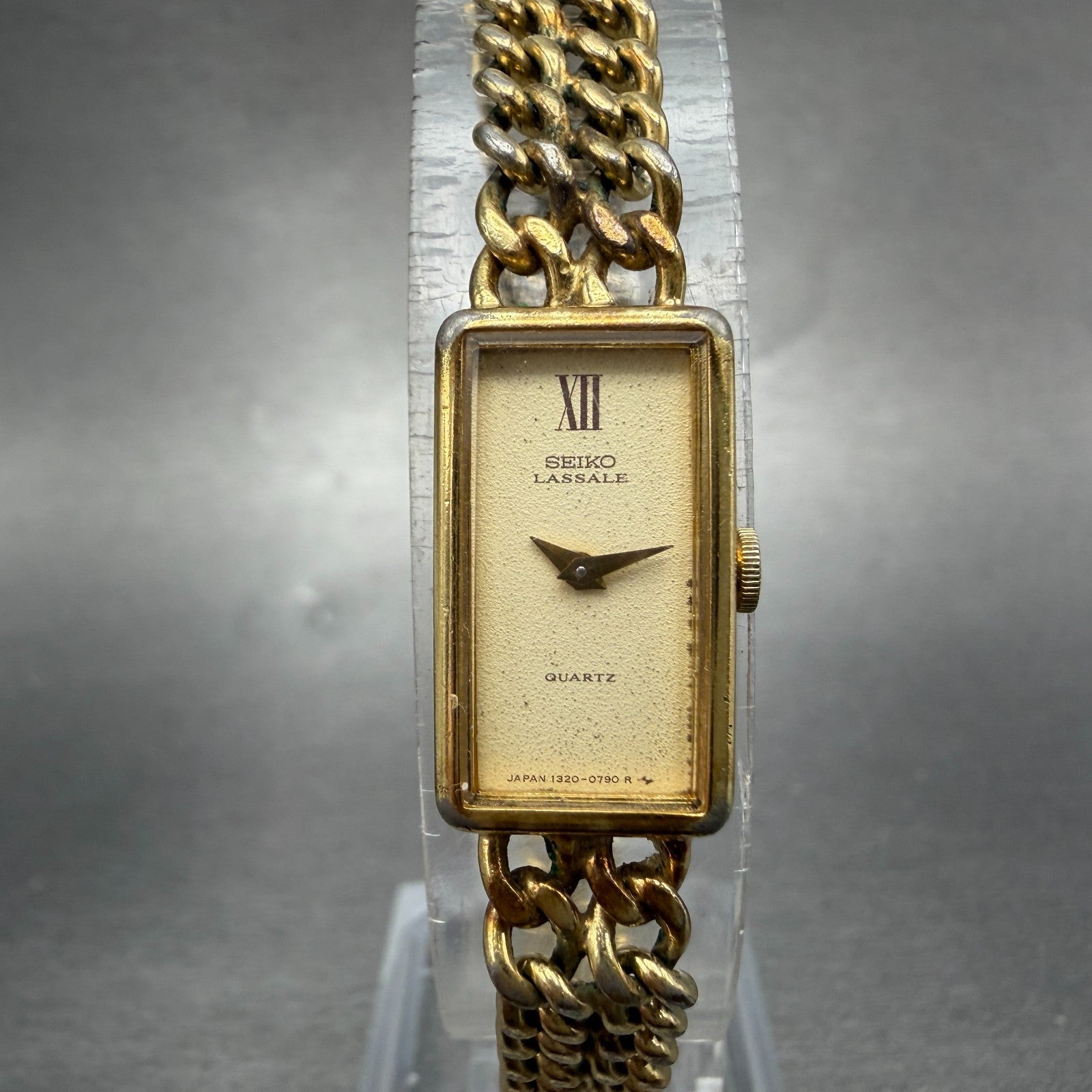 Seiko Lassale Tank Watch Women 12mm Champagne Dial Gold Tone 1320-5259 New Batt0