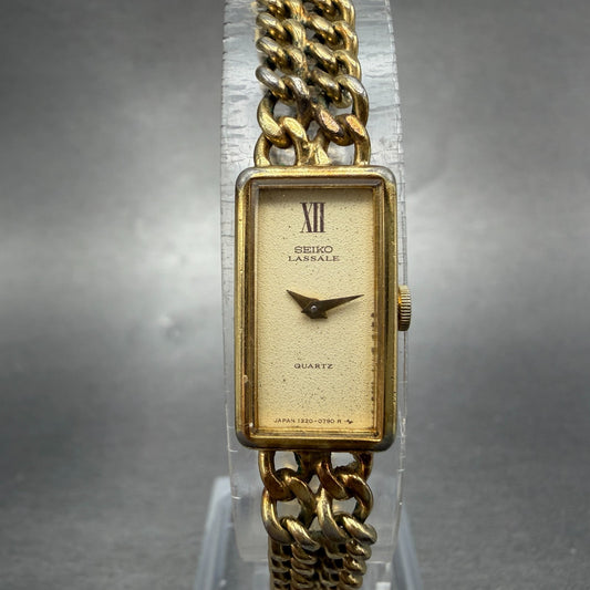 Seiko Lassale Tank Watch Women 12mm Champagne Dial Gold Tone 1320-5259 New Batt0