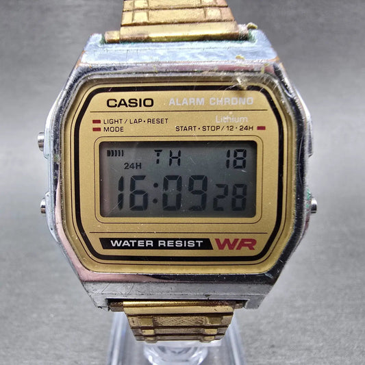Casio A158WE Watch Men 33mm Champagne Dial Silver Alarm Chronograph New Battery0