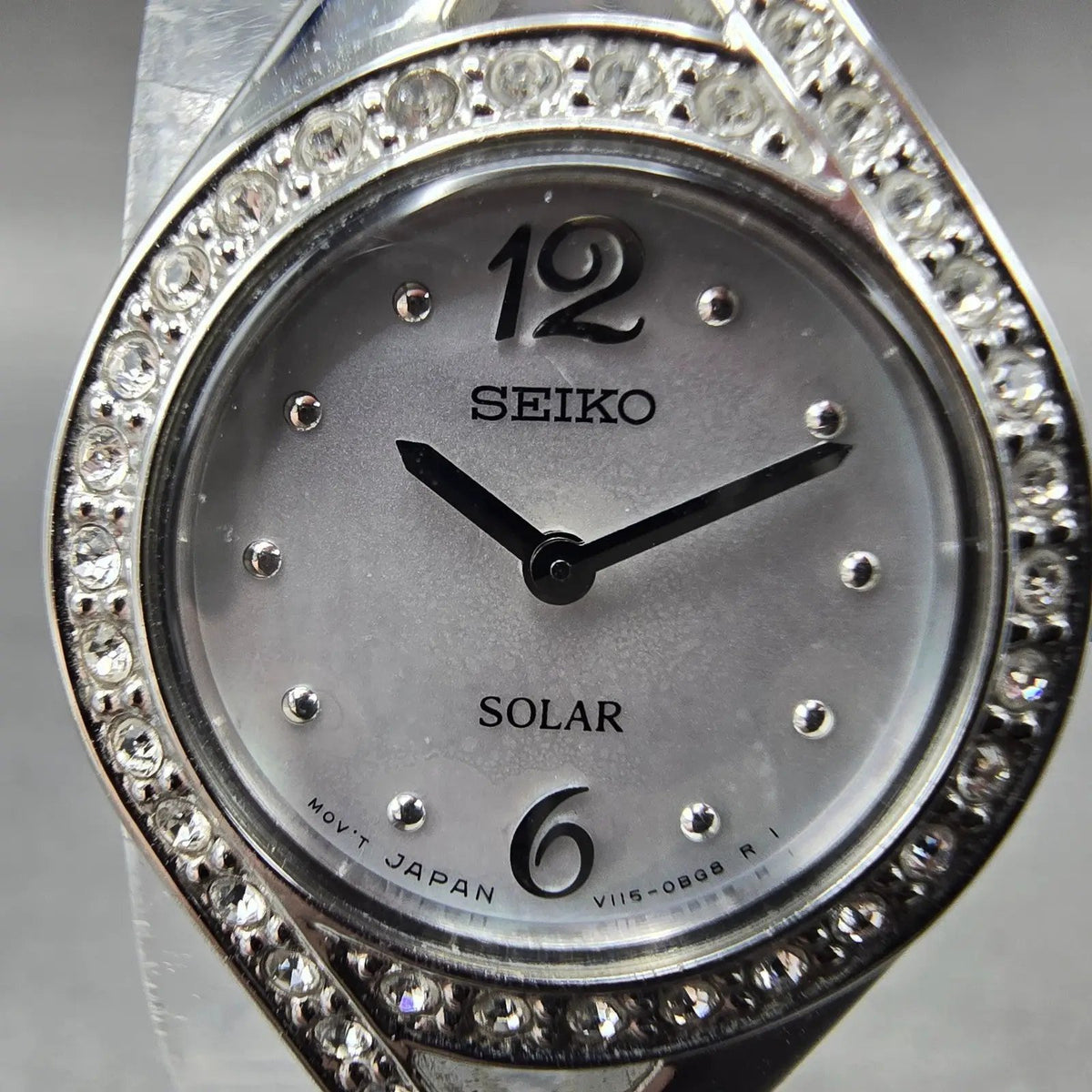 Seiko Solar Watch Women 23mm MOP Dial Silver Tone Round Crystal Bezel Runs1