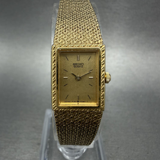 Seiko Tank Watch Women 14mm Gold Dial Gold Tone Rectangle 1F20-5A59 New Battery0