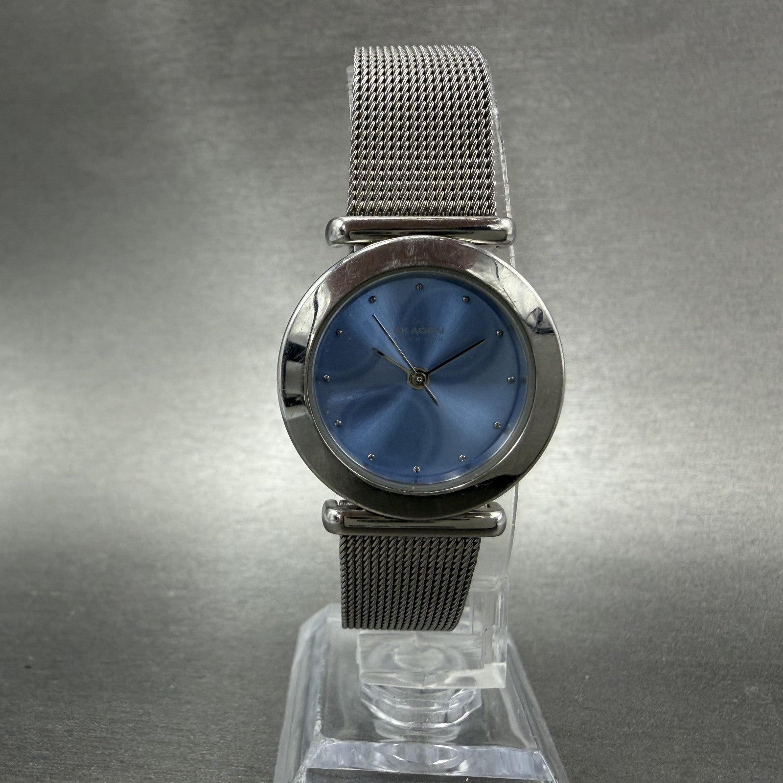 Skagen Watch Women 25mm Blue Dial Silver Tone Round Mesh Band 107SSSI New Batt5