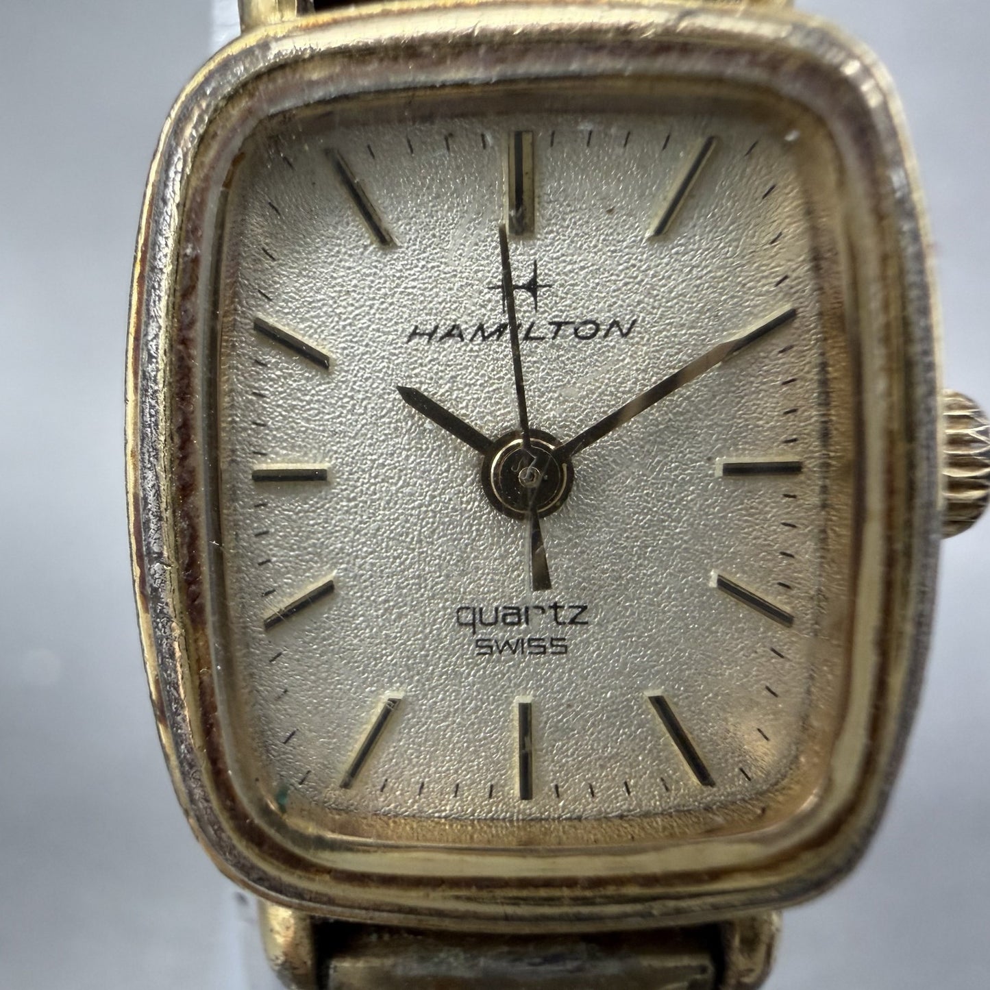 Hamilton Tank Watch Women 16mm Champagne Dial Gold Tone Rectangle 8908 New Batt1