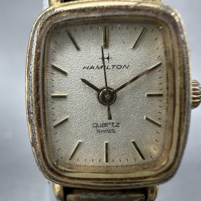 Hamilton Tank Watch Women 16mm Champagne Dial Gold Tone Rectangle 8908 New Batt1