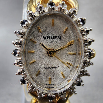 Gruen Watch Women 17mm White Dial Gold Oval Diamond & Gem Bezel New Battery1