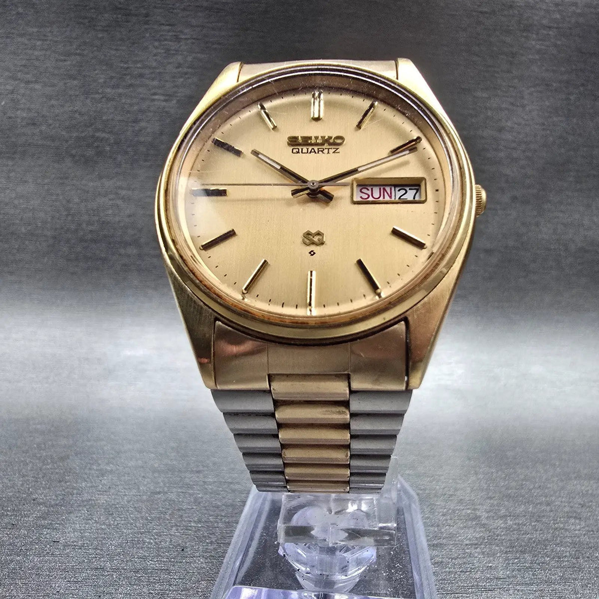 Seiko SQ Watch Men 36mm Gold Dial Gold Tone Daydate Round 8223-8019 New Battery5