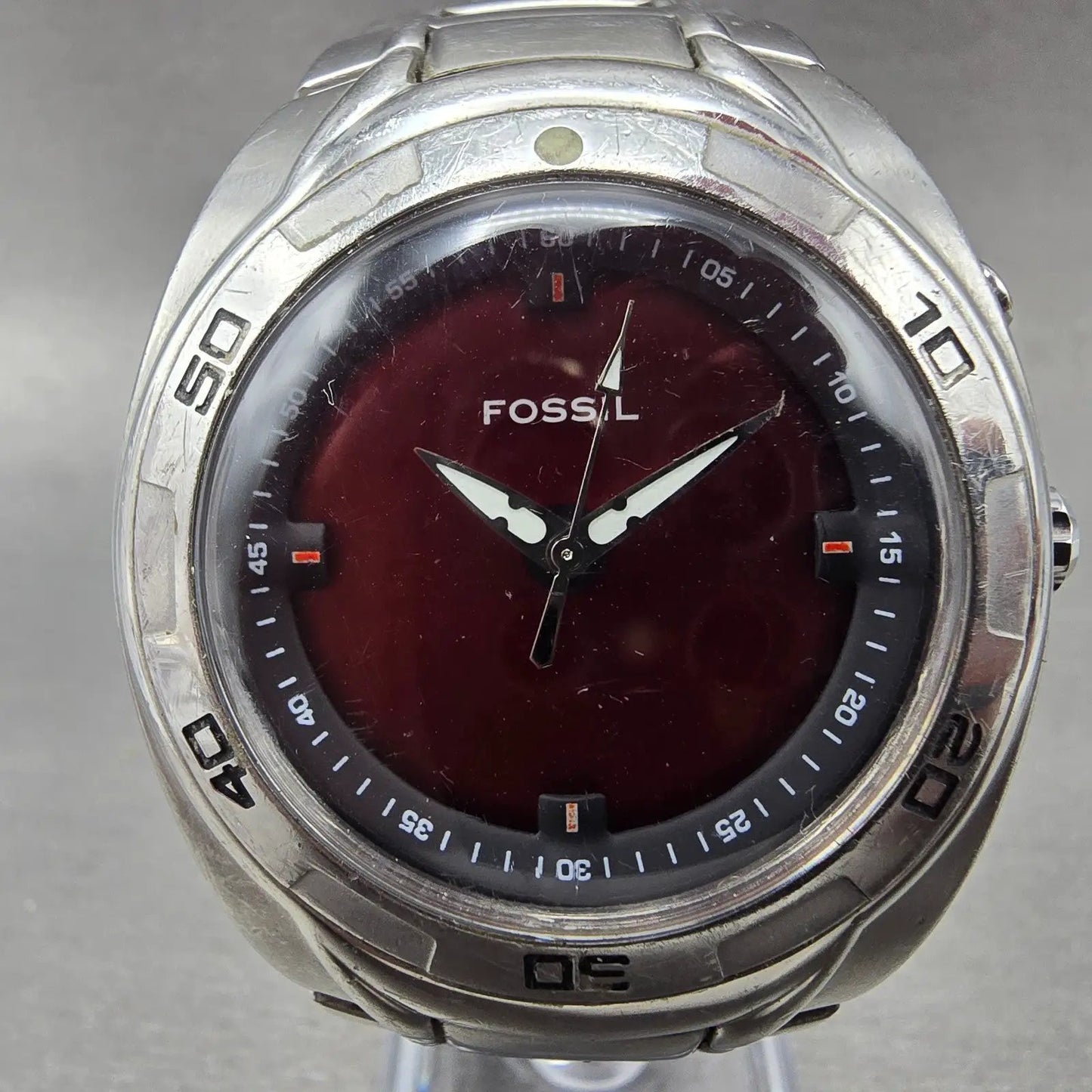 Fossil Big Tic Watch Men 41mm Red Dial Silver Tone Round AM-3758 New Battery1