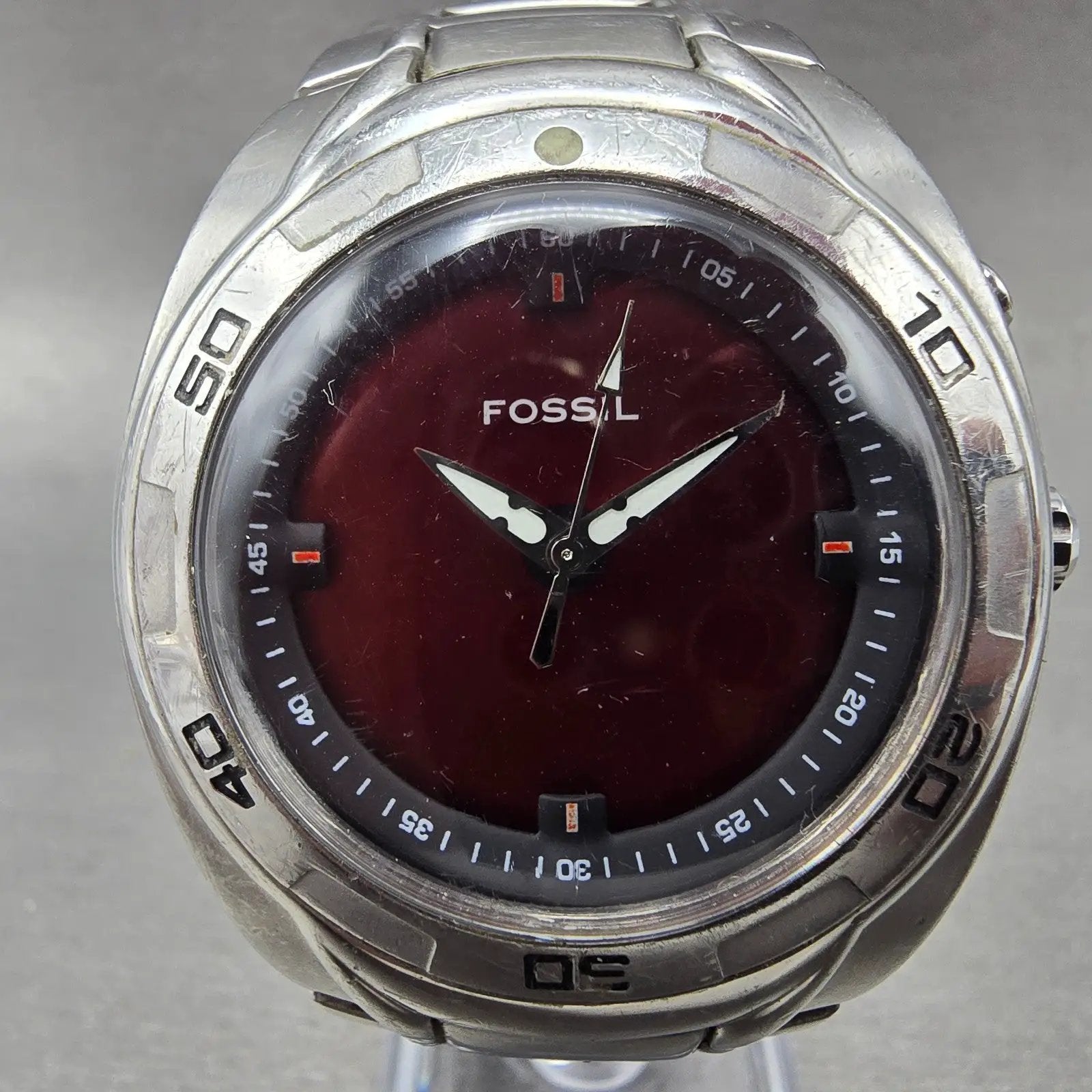 Fossil Big Tic Watch Men 41mm Red Dial Silver Tone Round AM-3758 New Battery1