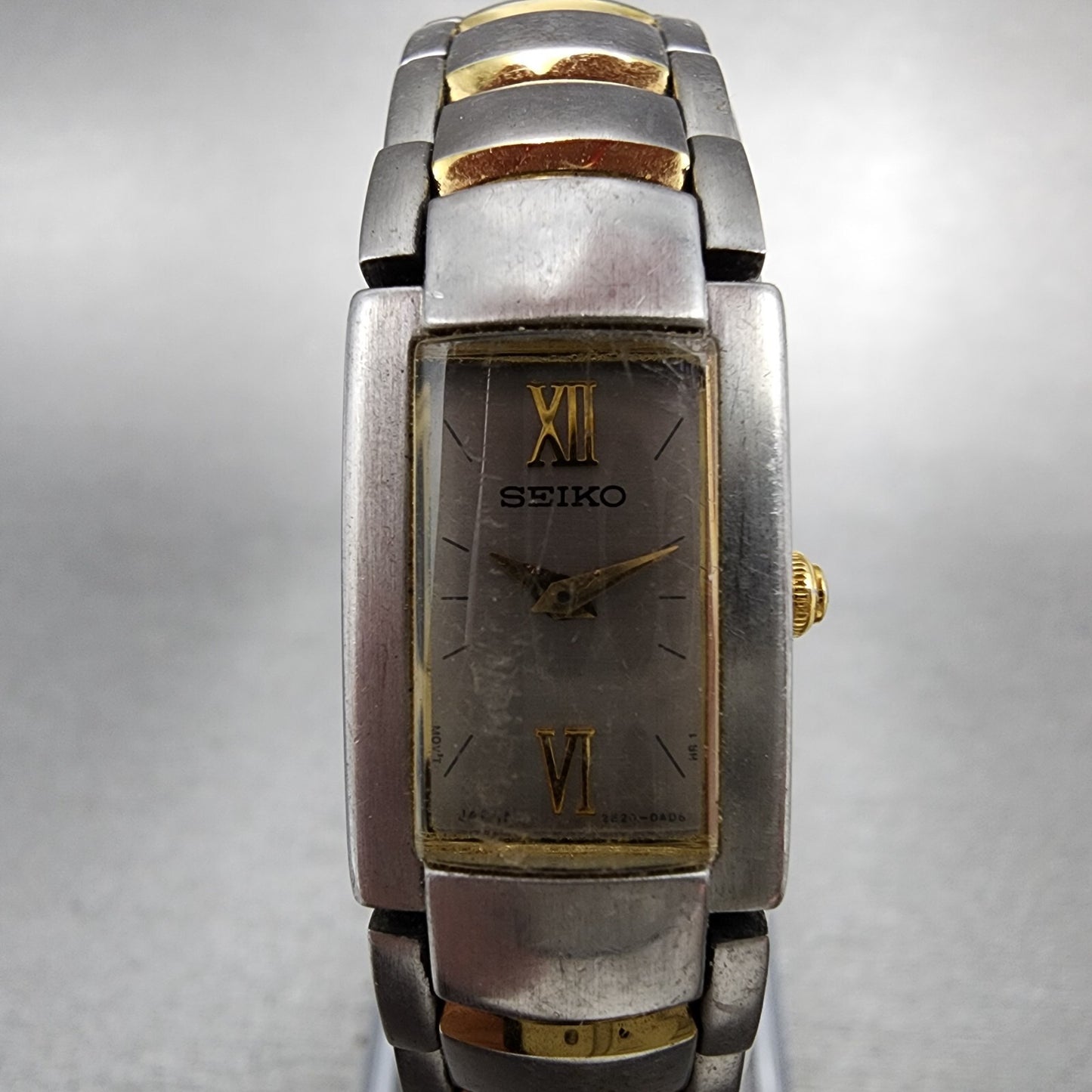 Seiko Tank Watch Women 15mm Silver Dial Two Tone Rectangle 2E200AG0 New Battery1