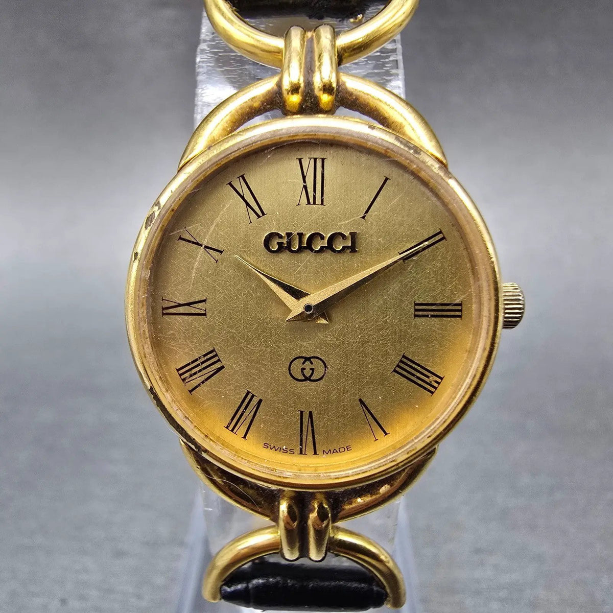 Gucci 6000L Watch Women 23mm Gold Dial Gold Plated Round New Battery VTG0