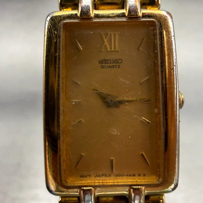 Seiko Watch Women 17mm Gold Dial Gold Tone Rectangle 1N00-6B79 New Battery VTG1