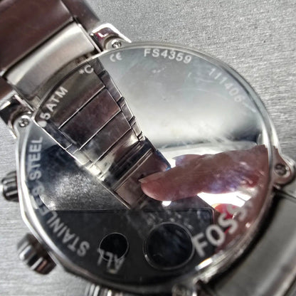 Fossil Chronograph Watch Men 48mm Silver Dial Silver Tone Round FS4359 New Batt10