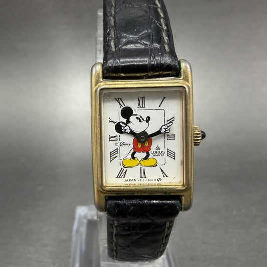 Lorus Mickey Mouse Tank Watch Women 17mm White Dial Gold Tone Rectangle New batt0