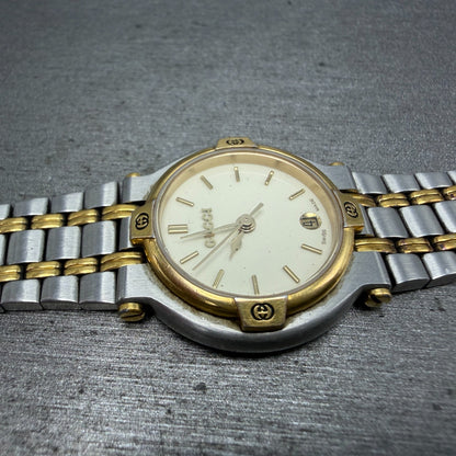 Gucci 9000L Watch Women 25mm Cream Dial Two Tone Date Round NO CASEBACK PARTS6