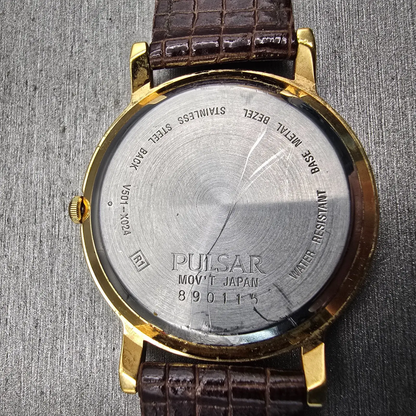 Seiko Pulsar Watch Men 34mm Gold Dial Gold Tone Round V501-X024 New Battery VTG10