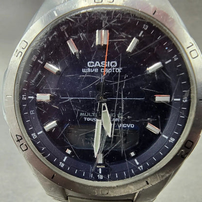 Casio Wave Ceptor Watch Men 43mm Blue Dial Silver Solar Alarm Daydate Runs LP1