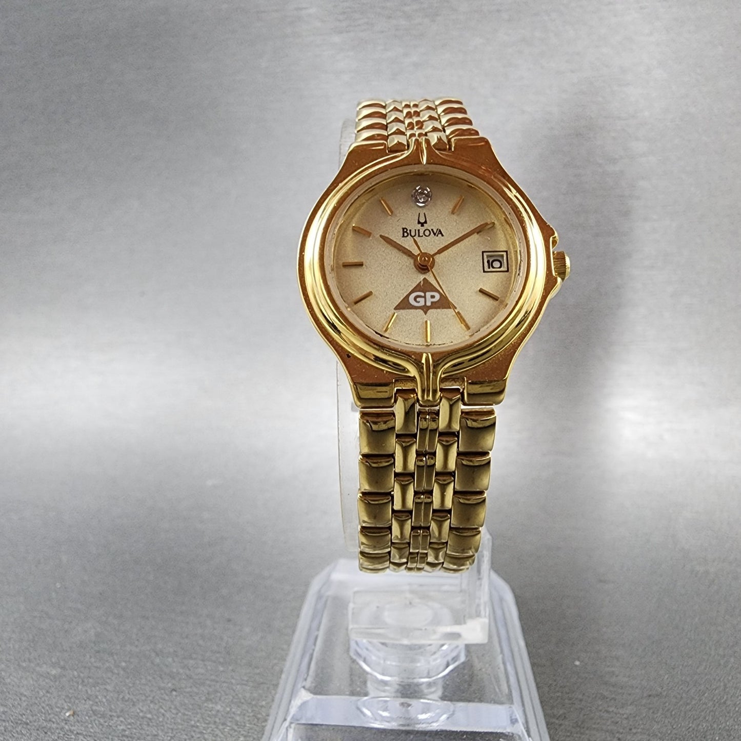 Bulova Watch Women 24mm Champagne Dial Gold Tone Date 97P28 New Battery Diamond5