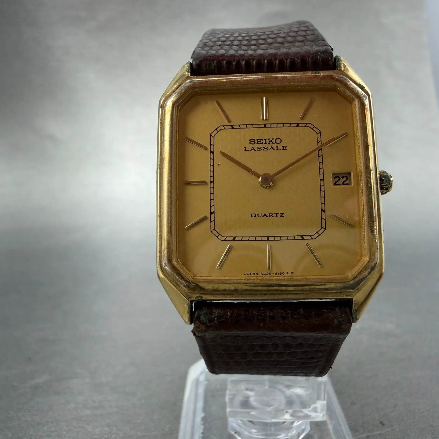 Seiko Lassale Tank Watch Men 28mm Champagne Dial Gold Tone Date 6429-5019 PARTS6