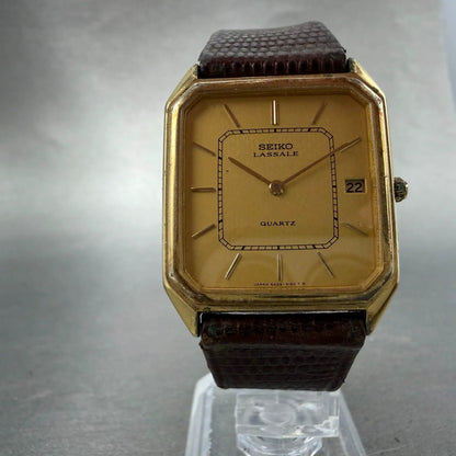 Seiko Lassale Tank Watch Men 28mm Champagne Dial Gold Tone Date 6429-5019 PARTS6