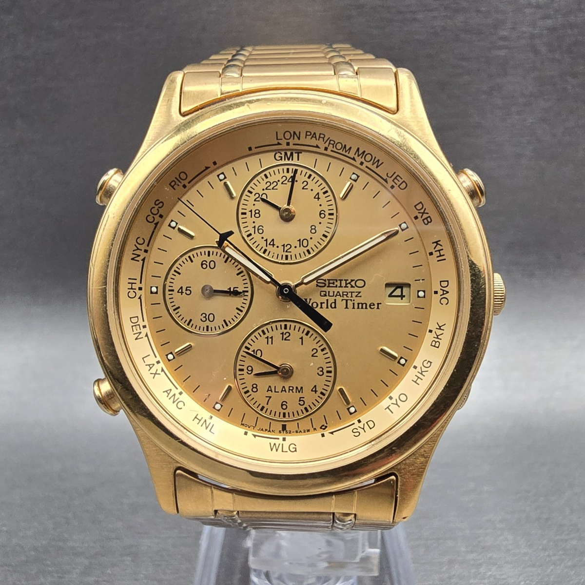 Seiko World Timer Watch Men 38mm Gold Dial Chrono Alarm Date 5T52-6A28 New Batt0