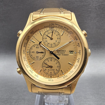 Seiko World Timer Watch Men 38mm Gold Dial Chrono Alarm Date 5T52-6A28 New Batt0
