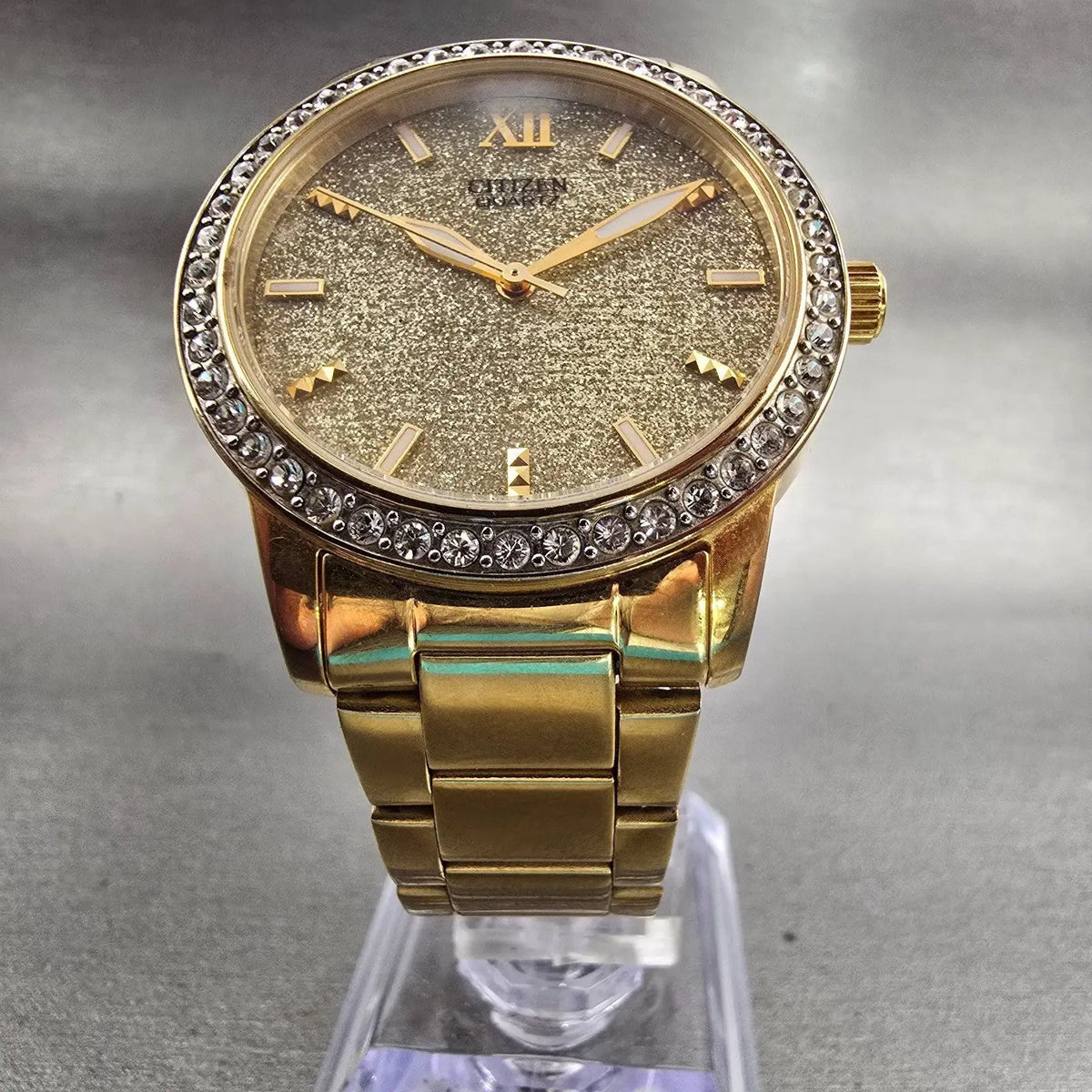 Citizen Watch Men 35mm Gold Dial Gold Tone Gemmed Round 1032-S086248 New Battery5