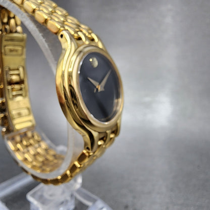 Movado Museum Watch Women 25mm Black Dial Gold Tone Round 87E3817 New Battery3