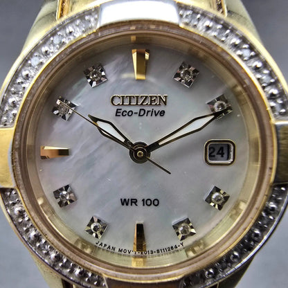 Citizen Eco-Drive Watch Women 26mm MOP Dial Gold Tone Date E013-S076404 Runs1