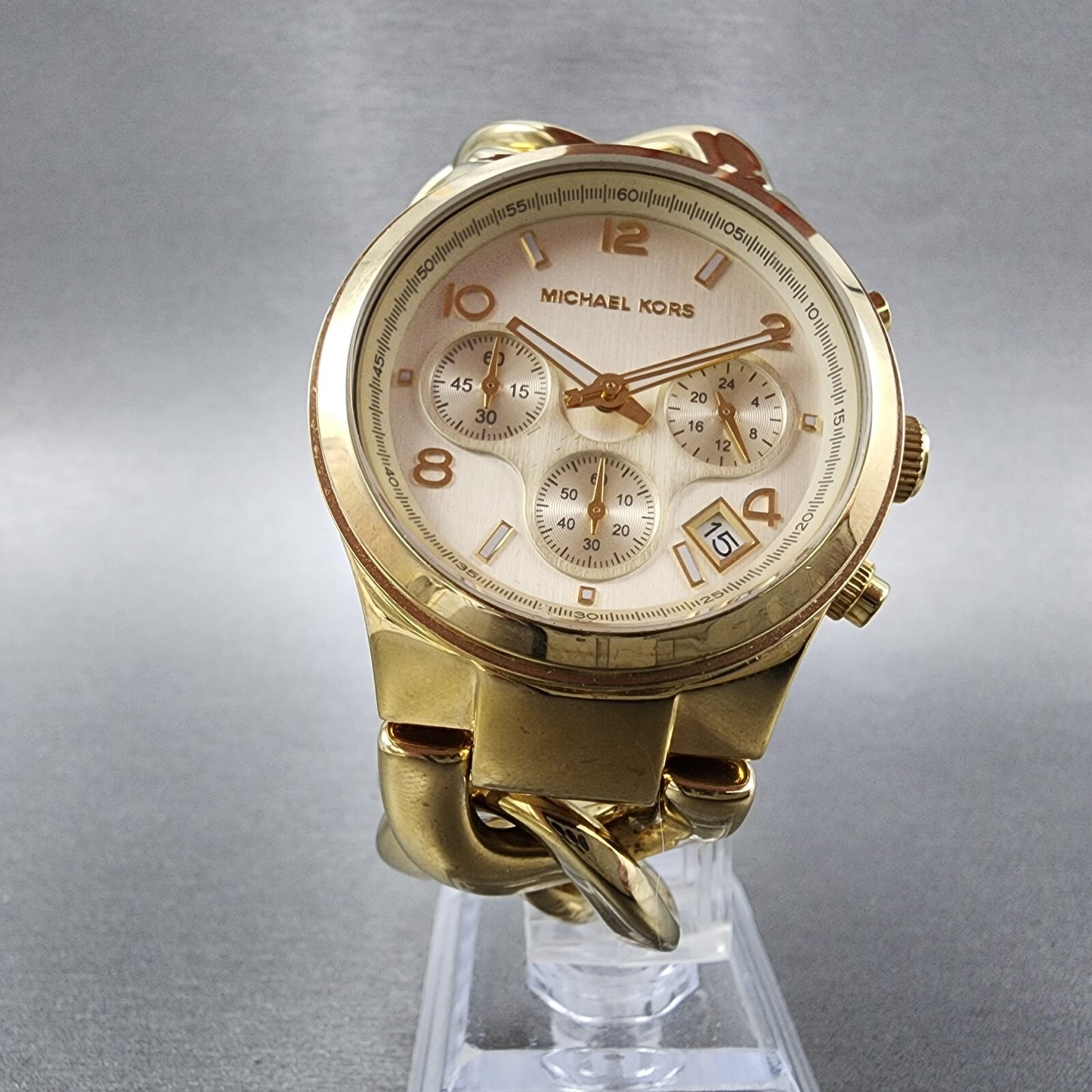 Michael Kors Runway Chronograph Watch Women 38mm Champagne Dial Gold New Batter5
