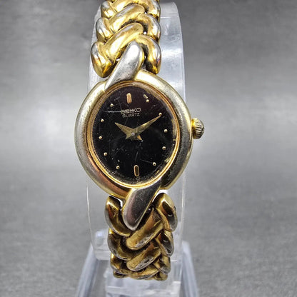 Seiko Watch Women 17mm Black Dial Gold Tone Oval 1F20-5B50 New Battery Vintage0