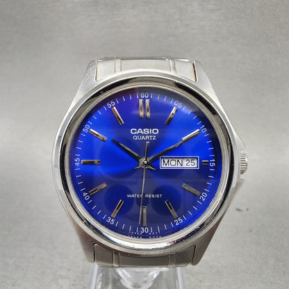 Casio Watch Men 37mm Blue Dial Silver Tone Daydate MTP1239DJ New Battery ABC1230