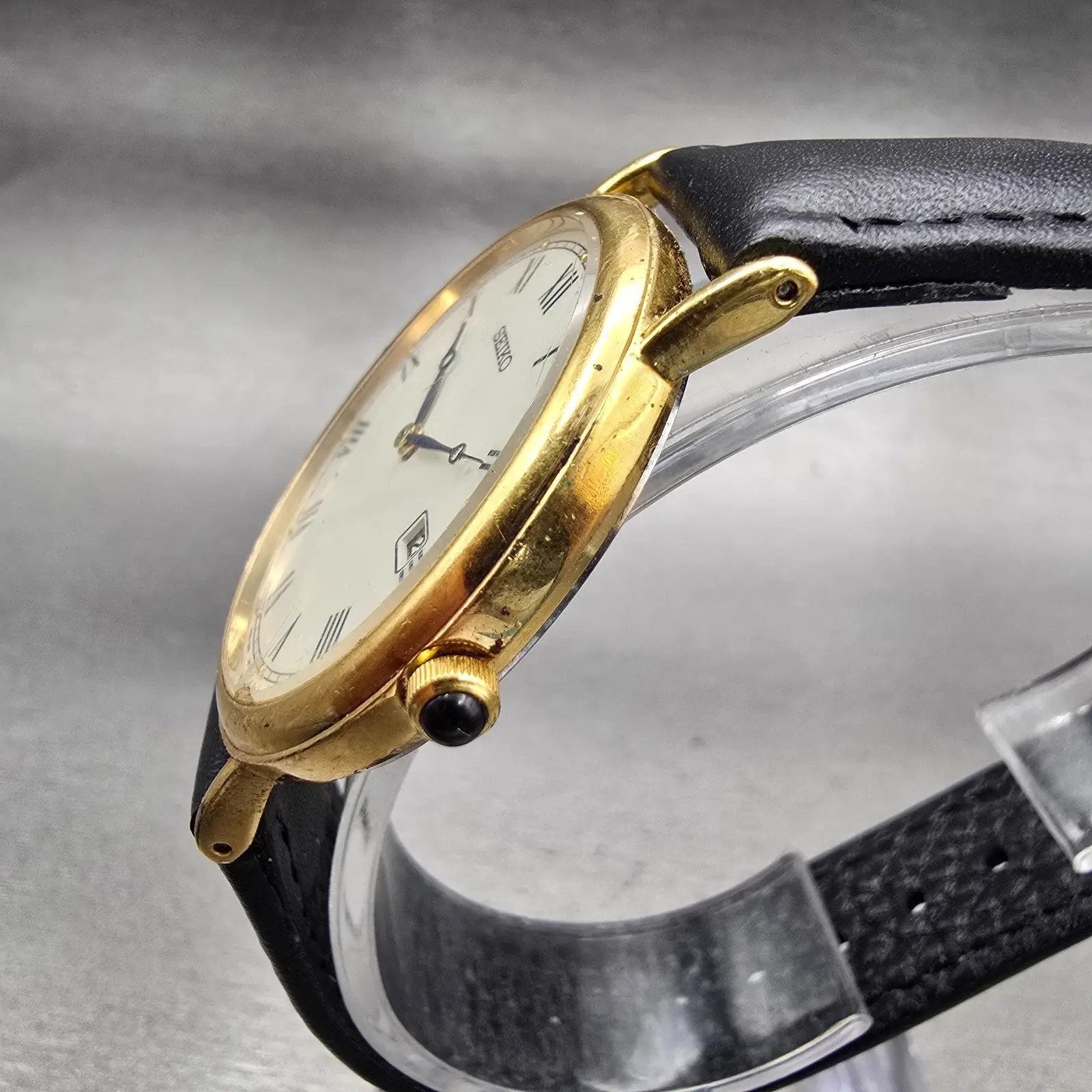 Seiko Watch Men 34mm Ivory Dial Gold Tone Date Round 7N39-0A19 New Battery VTG2