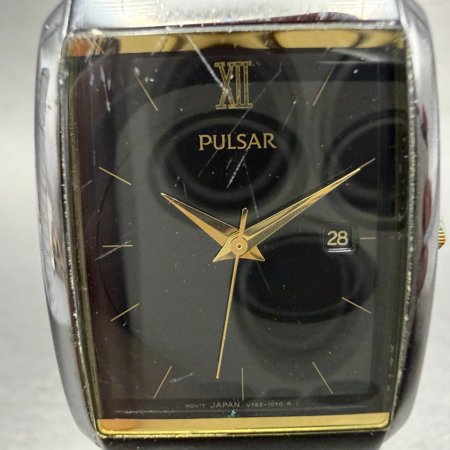 Seiko Pulsar Tank Watch Men 26mm Black Dial Black & Gold Tone Date New Bat1