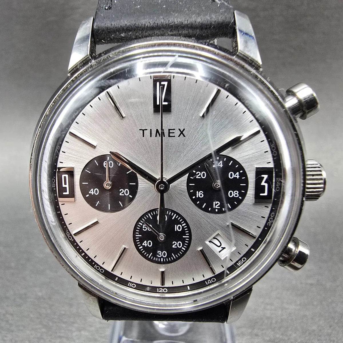 Timex Marlin Chronograph Watch Men 40mm Silver Dial Steel Date Round New Battery0