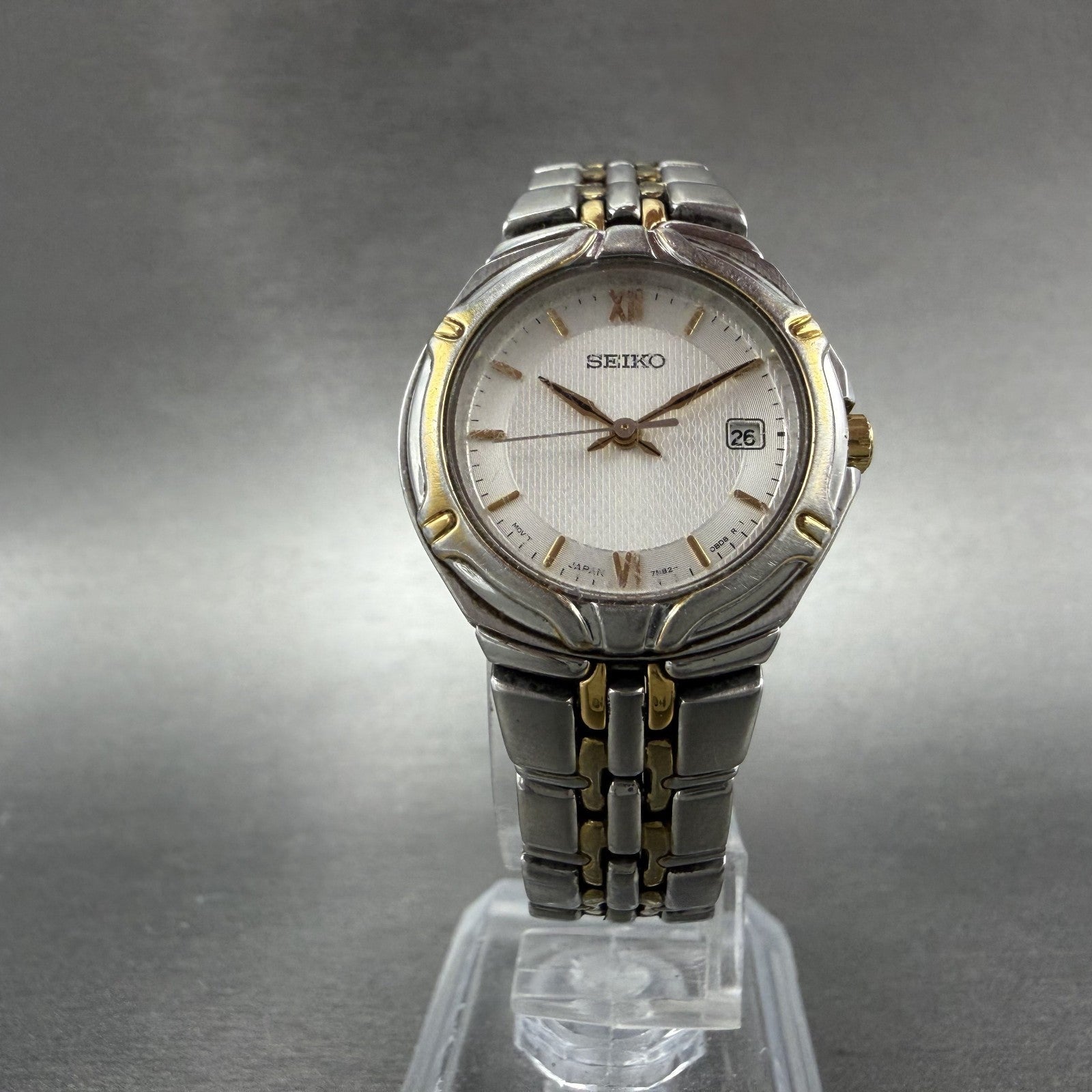 Seiko Watch Women 26mm Silver Dial Two Tone Date Round 7n82-0at0 New Battery JMO5
