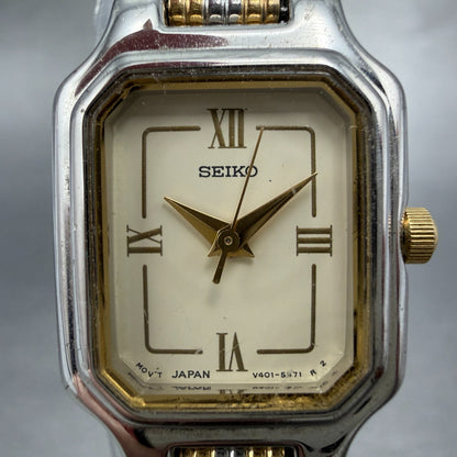 Seiko Tank Watch Women 19mm Cream Dial two Tone Rectangle V401-5979 New Battery1
