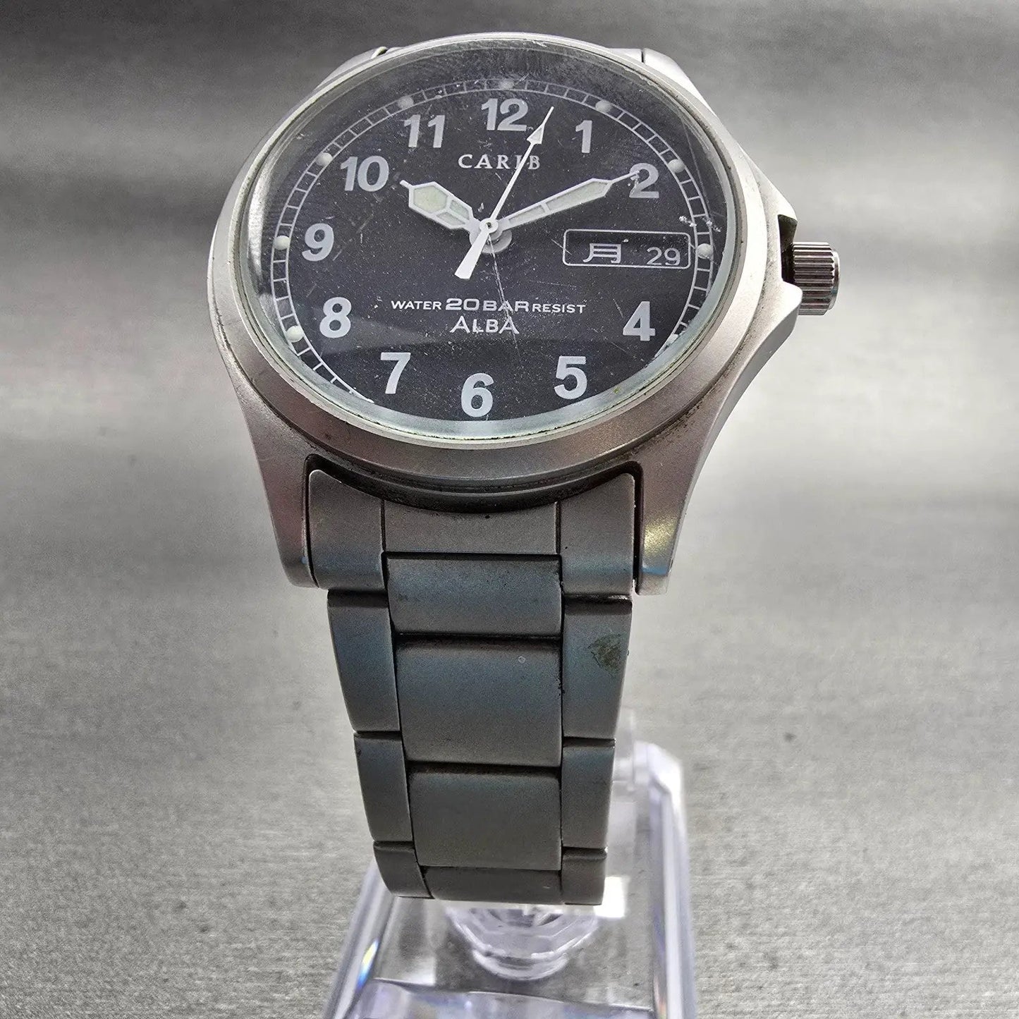 Seiko Alba Carib Watch Men 35mm Black Dial Silver Tone Daydate V743-8000 New Bat5