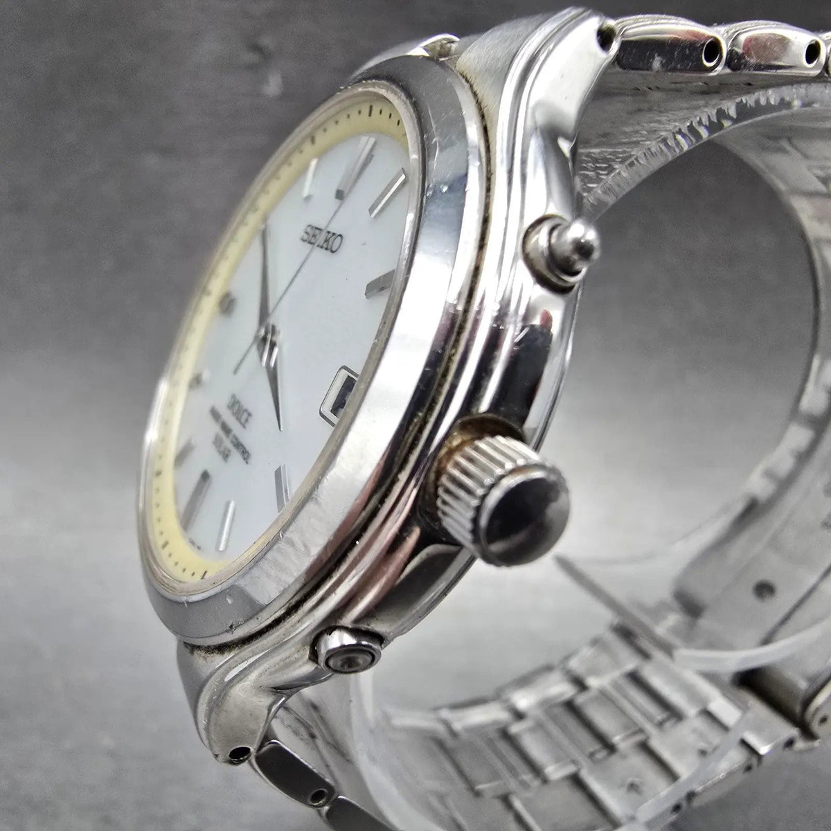 Seiko Solar Watch Men 38mm White Dial Silver Tone Date Atomic 7B22-0AK0 READ!!!!3