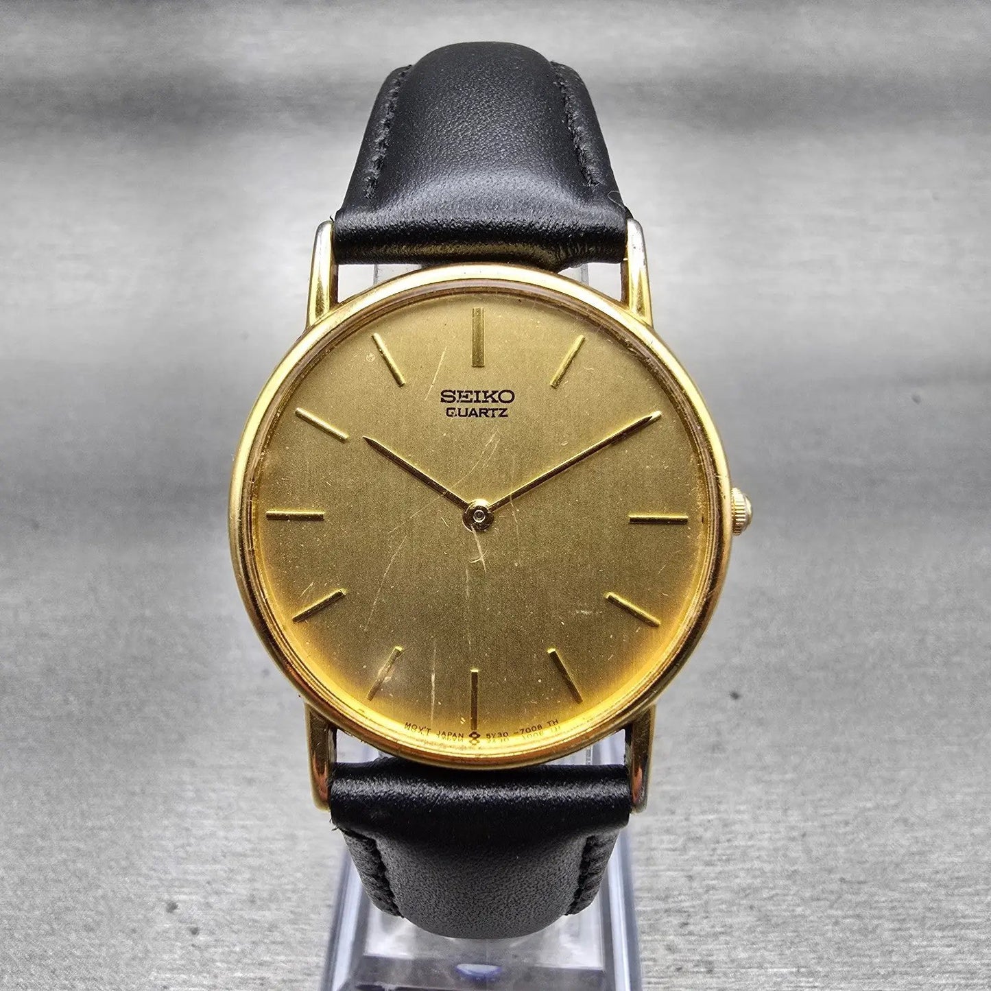 Seiko Watch Men 31mm Gold Dial Gold Tone Round 5Y30-7009 New Battery Vintage0
