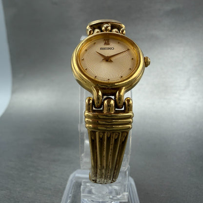Seiko Watch Women 21mm Champagne Dial Gold Tone Round V400-1229 New Battery5