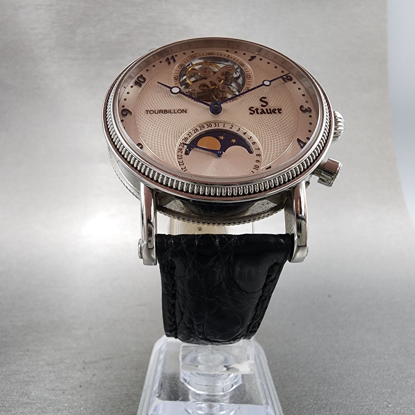 Stauer Tourbillon Watch Men 43mm White Dial Silver Tone Moonphase 0341 PARTS6