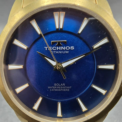 Technos Solar Watch Men 38mm Blue Dial Gold Tone Titanium Round T9A94 Runs2